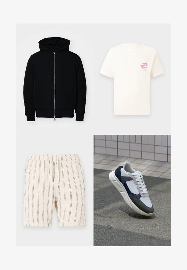 Black hooded jacket with front zipper, kangaroo pocket, ribbed cuffs, and hem, displayed on a plain white background.; White short-sleeve T-shirt with red text "Studio Originals Edition" on left chest, displayed on a neutral gray background.; Beige shorts with vertical black stripes, featuring an elastic waistband with a drawstring, made from a textured fabric.; White, navy, and gray sneaker with a mixed material design, featuring a textured upper, flat laces, and a cushioned sole.