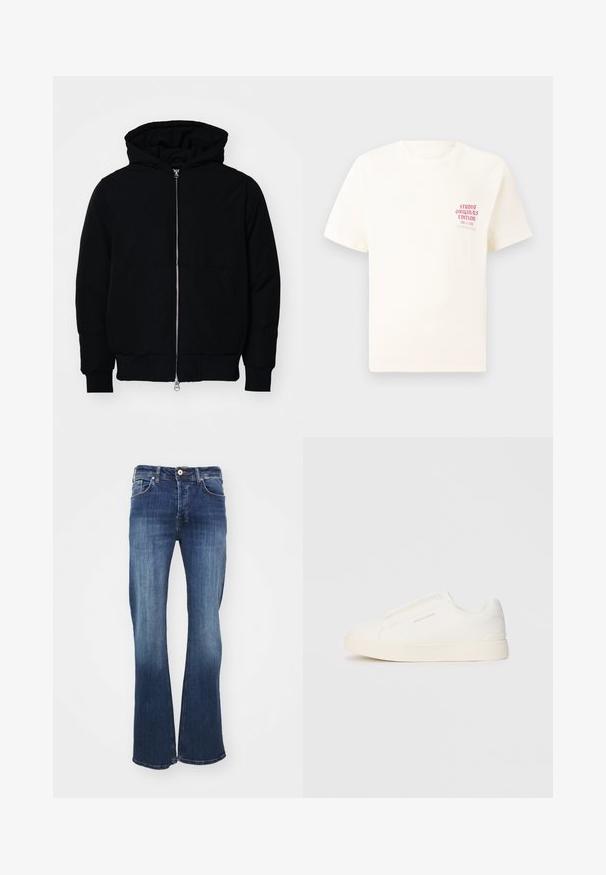 Svart hettejakke med frontglidelås, kengurulomme, ribbestrikket mansjetter og søm, vist på en ensfarget hvit bakgrunn.; Hvit T-skjorte med korte ermer og rød tekst "Studio Originals Edition" på venstre bryst, vist på en nøytral grå bakgrunn.; Mørkeblå denim flared jeans med fem lommer, frontknepping og subtil falming fra kneet til kanten. Har en klassisk snitt og synlig detaljering.; Hvite slip-on joggesko med teksturert overflate, tykk såle og minimalistisk design. Har merkevarelogo på siden.
