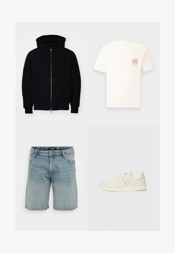 Svart hettejakke med frontglidelås, kengurulomme, ribbestrikket mansjetter og søm, vist på en ensfarget hvit bakgrunn.; Hvit T-skjorte med korte ermer og rød tekst "Studio Originals Edition" på venstre bryst, vist på en nøytral grå bakgrunn.; Lyseblå denimshorts med løs passform, klassisk fem-lomme-design, og knapp og glidelås foran.; Kremfargede sneakers med perforerte detaljer, snøring og logo på siden, vist mot en enkel hvit bakgrunn.
