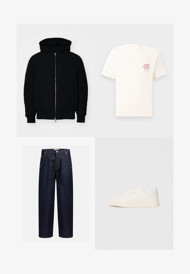 Czarna kurtka z kapturem, z suwakiem z przodu, kieszenią kangurką, ściągaczami przy mankietach i dolnym brzegu, prezentowana na jednolitym białym tle.; Biała koszulka z krótkim rękawem z czerwonym napisem "Studio Originals Edition" po lewej stronie klatki piersiowej, wyeksponowana na neutralnym szarym tle.; Ciemnoniebieskie dżinsy o prostym kroju, z pięcioma kieszeniami, miedzianymi nity oraz kontrastowym ściegiem na szwach.; Białe sneakersy wsuwane z teksturowanej powierzchni, grubą podeszwą i minimalistycznym designem. Zawierają logo marki z boku.
