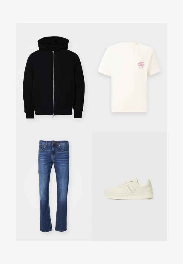 Mustaga kapuutsiga jakk, millel on esineed, kenguru tasku, soonikkoes, ja alläär, esitatud lihtsal valgel taustal.; Valge lühikeste varrukatega T-särk, millel on vasakul rinnal punane tekst "Studio Originals Edition", esitatud neutraalsel hallil taustal.; Sinine denimist sirge lõikega teksapüksid, millel on lukuga ja nööbiga sulgemine, viis taskut ning kerge pleekimine reie piirkonnas.; Koor valged tossud perforatsiooni detailide, nööpide ja külje logo ka, esitatud ühtlase valge tausta ees.