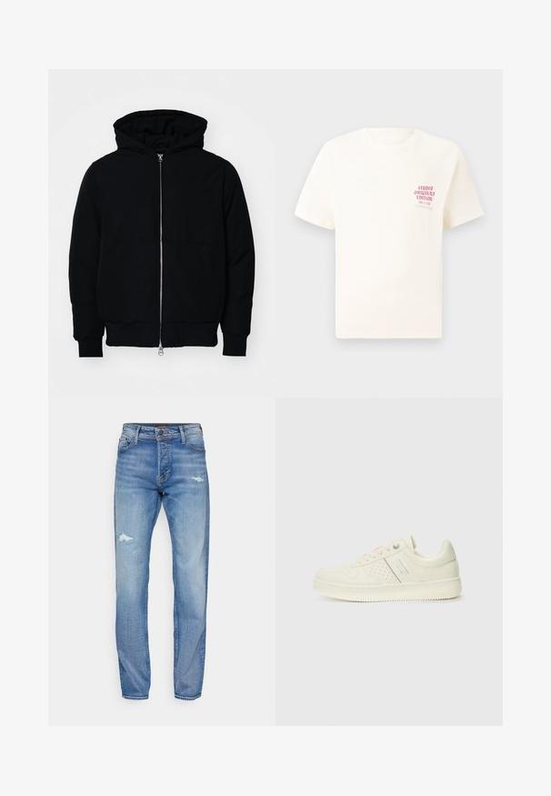Jachetă neagră cu glugă, cu fermoar în față, buzunar tip kangaroo, mansete și tiv ribbed, prezentată pe un fundal alb simplu.; Tricou alb cu mânecă scurtă, având text roșu "Studio Originals Edition" pe partea stângă a pieptului, expus pe un fundal gri neutru.; Jeans din denim albastru deschis cu un croi drept, prezentând detalii uzate și o decolorare subtilă. Design clasic cu cinci buzunare, închidere cu buton.; Adidași crem cu detalii perforate, șireturi și logo pe lateral, expuși pe un fundal alb simplu.