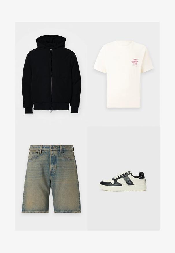 Black hooded jacket with front zipper, kangaroo pocket, ribbed cuffs, and hem, displayed on a plain white background.; White short-sleeve T-shirt with red text "Studio Originals Edition" on left chest, displayed on a neutral gray background.; Denim shorts in light blue with a faded wash. Includes five pockets, zip fly, button closure, and sturdy stitching along the edges.; Leather sneakers with a black and cream color scheme, featuring perforated accents, a padded collar, and a textured outsole.