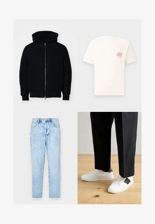 Veste à capuche noire avec fermeture éclair sur le devant, poche kangourou, poignets et ourlet côtelés, présentée sur un fond blanc uni.; T-shirt blanc à manches courtes avec le texte rouge "Édition Originals du Studio" sur la poitrine gauche, présenté sur un fond gris neutre.; Jeans en denim bleu clair avec une coupe droite, comportant cinq poches et une fermeture à boutons. Texture usée avec des zones décolorées.; Des sneakers blanches au texture lisse, avec des accents en cuir marron et des détails noirs, assorties à un pantalon noir ajusté. Fond en parquet.