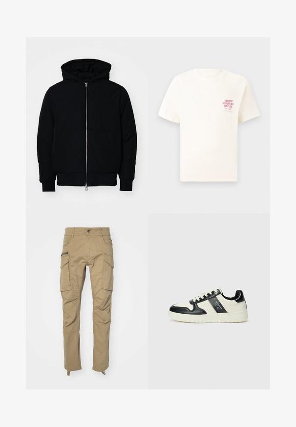 Schwarze Kapuzenjacke mit Frontreißverschluss, Kängurutasche, gerippten Bündchen und Saum, auf einem schlichten weißen Hintergrund präsentiert.; Weißes T-Shirt mit kurzen Ärmeln und rotem Text "Studio Originals Edition" auf der linken Brust, präsentiert vor einem neutralen grauen Hintergrund.; Khaki Cargo-Hosen mit mehreren seitlichen Taschen, Knopfverschluss, schmal zulaufenden Beinen und weichem, strapazierfähigem Stoff. Verstärkte Nähte überall.; Leder-Sneaker in Schwarz- und Cremetönen, mit perforierten Akzenten, einem gepolsterten Kragen und einer strukturierten Laufsohle.