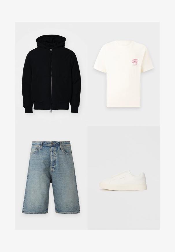 Svart hettejakke med frontglidelås, kengurulomme, ribbestrikket mansjetter og søm, vist på en ensfarget hvit bakgrunn.; Hvit T-skjorte med korte ermer og rød tekst "Studio Originals Edition" på venstre bryst, vist på en nøytral grå bakgrunn.; Denimshorts med lys blå vask, fem-lomme design og rett snitt. Holdbart stoff med synlig søm og knappelukking.; Hvite slip-on joggesko med teksturert overflate, tykk såle og minimalistisk design. Har merkevarelogo på siden.