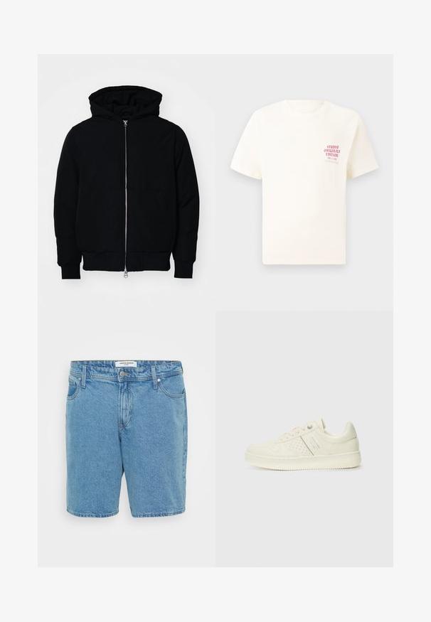 Svart hettejakke med frontglidelås, kengurulomme, ribbestrikket mansjetter og søm, vist på en ensfarget hvit bakgrunn.; Hvit T-skjorte med korte ermer og rød tekst "Studio Originals Edition" på venstre bryst, vist på en nøytral grå bakgrunn.; Lyseblå denimshorts med klassisk passform. Har fem lommer, knappefeste og subtil falmet tekstur. Laget av bomull.; Kremfargede sneakers med perforerte detaljer, snøring og logo på siden, vist mot en enkel hvit bakgrunn.