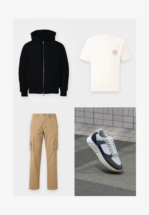Črna kapuca jakna s sprednjim zadrgo, kenguru žepom, rebrastimi manšetami in hemom, razstavljena na enostavni beli ozadju.; Bela majica s kratkimi rokavi z rdečim napisom "Studio Originals Edition" na levi strani prsnega koša, prikazana na nevtralnem sivo backgroundu.; Beige cargo hlače z dvema stranskima žepoma, gumbastim zapiranjem, ravnim krojem in mehnim, strukturiranim materialom.; Bela, mornarsko modra in siva športna obutev z mešano materialno zasnovo, ki vključuje teksturirano zgornji del, ravne vezalke in oblazinjen podplat.