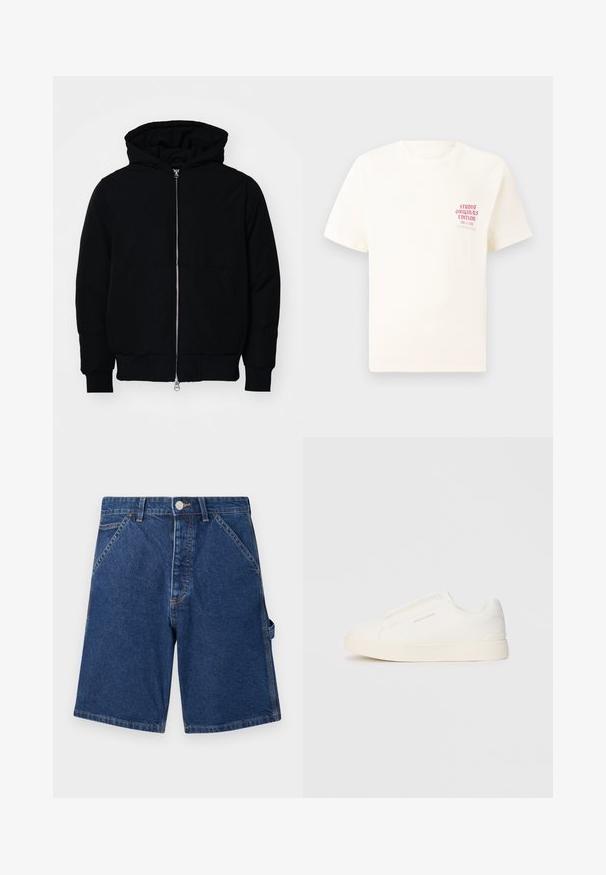 Mustaga kapuutsiga jakk, millel on esineed, kenguru tasku, soonikkoes, ja alläär, esitatud lihtsal valgel taustal.; Valge lühikeste varrukatega T-särk, millel on vasakul rinnal punane tekst "Studio Originals Edition", esitatud neutraalsel hallil taustal.; Tumedatest denimperiood, klassikalise viie-tasku disainiga, metallnupuga sulgemine ja nähtavad õmblused õmbluste ääres.; Valged libisemiskindlad tossud tekstuuriga pinnaga, paksu tallaga ja minimalistikus disainis. Küljel on brändi logo.