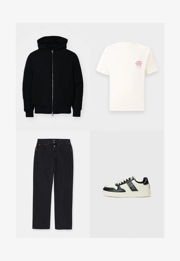 Jachetă neagră cu glugă, cu fermoar în față, buzunar tip kangaroo, mansete și tiv ribbed, prezentată pe un fundal alb simplu.; Tricou alb cu mânecă scurtă, având text roșu "Studio Originals Edition" pe partea stângă a pieptului, expus pe un fundal gri neutru.; Pantaloni din denim negru cu croi drept, design cu cinci buzunare, accesorii metalice și detalii de cusătură subtile. Textură moale, design minimalist.; Tenisi din piele cu un scheme de culori negru și crem, dotati cu accente perforate, guler căptușit și o talpă texturată.