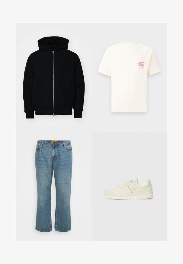 Crna kapuška jakna s prednjim zatvaračem, kenguru džepom, rebrastim manžetama i rubom, prikazana na običnoj bijeloj pozadini.; Bijela kratka majica s kratkim rukavima s crvenim natpisom "Studio Originals Edition" na lijevoj strani grudi, prikazana na neutralnoj sivoj pozadini.; Svijetloplave traperice s ravnim nogavicama, pet džepova, vidljivim šavovima i zatvaračem. Oznaka je žuta na unutarnjoj strani struka.; Kremasto bijele tenisice s perforiranim detaljima, vezicama i logotipom s bočne strane, prikazane na jednostavnoj bijeloj pozadini.