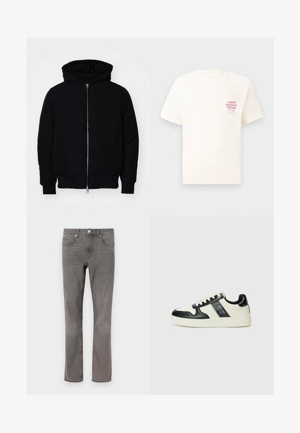 Black hooded jacket with front zipper, kangaroo pocket, ribbed cuffs, and hem, displayed on a plain white background.; White short-sleeve T-shirt with red text "Studio Originals Edition" on left chest, displayed on a neutral gray background.; Gray denim jeans with a straight-leg cut, featuring five pockets, a button closure, and subtle fading on the fabric.; Leather sneakers with a black and cream color scheme, featuring perforated accents, a padded collar, and a textured outsole.