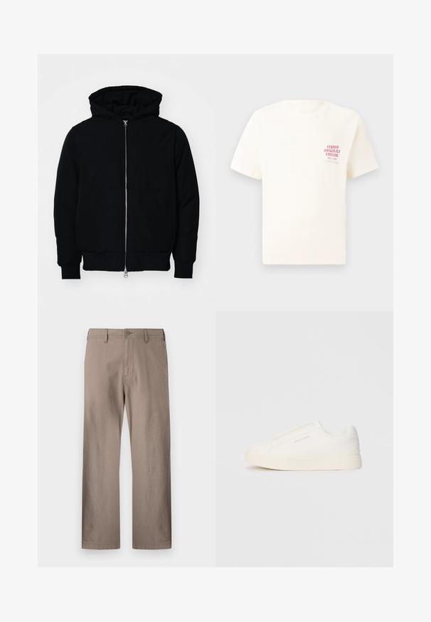 Svart huoodiejacka med framdragkedja, känguruficka, ribbade ärmslut och nederkant, uppställd mot en vit bakgrund.; Vit kortärmad T-shirt med röd text "Studio Originals Edition" på vänster bröst, är uppställd på en neutral grå bakgrund.; Beige raka byxor i lätt tyg med knappstängning, som har framfickor och ren sömnad.; Vita slip-on sneakers med en texturerad yta, en tjock sula och minimalistisk design. Har varumärkeslogotypen på sidan.