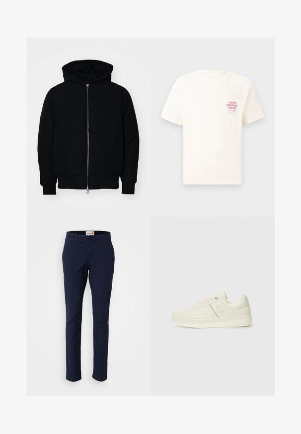 Czarna kurtka z kapturem, z suwakiem z przodu, kieszenią kangurką, ściągaczami przy mankietach i dolnym brzegu, prezentowana na jednolitym białym tle.; Biała koszulka z krótkim rękawem z czerwonym napisem "Studio Originals Edition" po lewej stronie klatki piersiowej, wyeksponowana na neutralnym szarym tle.; Granatowe chinosy wykonane z bawełny, o prostym kroju nogawki, z zapięciem na guzik, paskami na pasek i bocznymi kieszeniami.; Kremowe sneakersy z perforowanymi detalami, sznurowadłami i logo z boku, prezentowane na jednolitym białym tle.