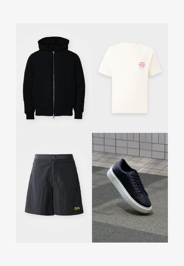 Svart hettejakke med frontglidelås, kengurulomme, ribbestrikket mansjetter og søm, vist på en ensfarget hvit bakgrunn.; Hvit T-skjorte med korte ermer og rød tekst "Studio Originals Edition" på venstre bryst, vist på en nøytral grå bakgrunn.; The New Originals RUNNING - Shorts - black; Sorte skinnsneakers med rund tå og hvit gummisåle. Har flate lisser og minimal søm på overdelen. Strukturert såle for grep.