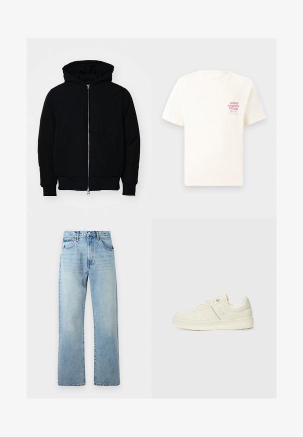 Black hooded jacket with front zipper, kangaroo pocket, ribbed cuffs, and hem, displayed on a plain white background.; White short-sleeve T-shirt with red text "Studio Originals Edition" on left chest, displayed on a neutral gray background.; Light blue denim jeans with wide straight legs, five-pocket design, and a belt looped waistband. Fabric shows a slightly faded texture.; Cream-colored sneaker with perforated detailing, laces, and logo on the side, displayed against a plain white background.