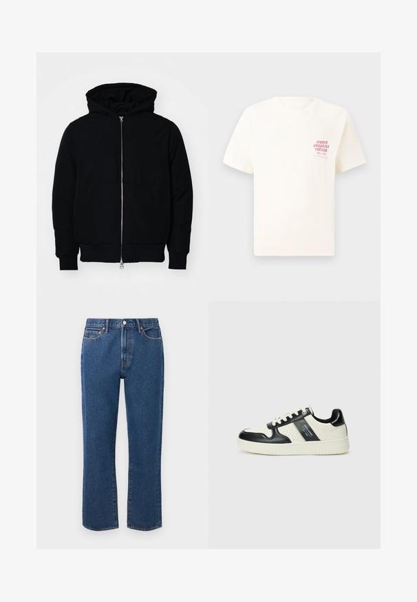 Jachetă neagră cu glugă, cu fermoar în față, buzunar tip kangaroo, mansete și tiv ribbed, prezentată pe un fundal alb simplu.; Tricou alb cu mânecă scurtă, având text roșu "Studio Originals Edition" pe partea stângă a pieptului, expus pe un fundal gri neutru.; Jeans drepți de culoare albastră din denim, cu închidere cu nasturi, cinci buzunare și detalii de cusătură portocalie contrastantă.; Tenisi din piele cu un scheme de culori negru și crem, dotati cu accente perforate, guler căptușit și o talpă texturată.