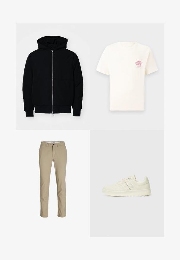 Svart huoodiejacka med framdragkedja, känguruficka, ribbade ärmslut och nederkant, uppställd mot en vit bakgrund.; Vit kortärmad T-shirt med röd text "Studio Originals Edition" på vänster bröst, är uppställd på en neutral grå bakgrund.; Beige bomullbyxor med slim fit, med dragkedja fram, knappstängning och fyra fickor. Slät textur, utan mönster eller detaljer.; Krämfärgad sneaker med perforerade detaljer, snören och logotyp på sidan, visad mot en enkel vit bakgrund.