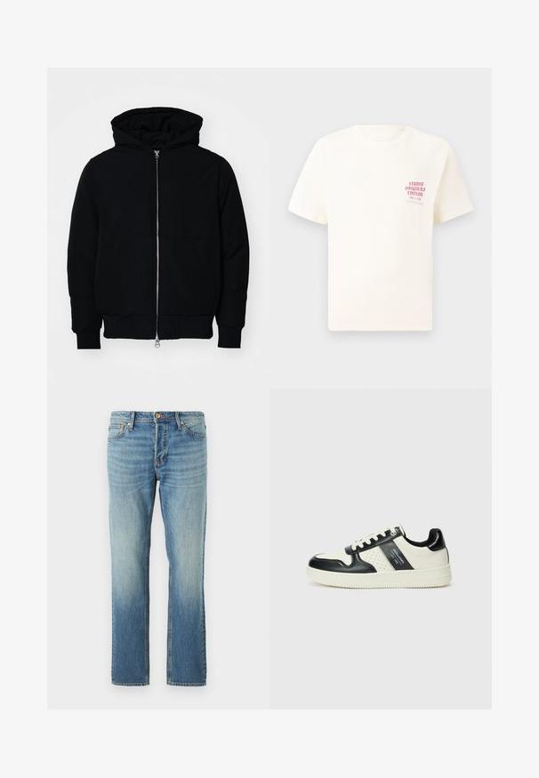 Svart hettejakke med frontglidelås, kengurulomme, ribbestrikket mansjetter og søm, vist på en ensfarget hvit bakgrunn.; Hvit T-skjorte med korte ermer og rød tekst "Studio Originals Edition" på venstre bryst, vist på en nøytral grå bakgrunn.; Lyseblå denimjeans med rette ben, med en falmet overflate, kobbernitter og klassisk fem lommestil.; Lædersneakers med sort og creme farveskema, der har perforerede detaljer, en polstret krave og en struktureret ydersål.