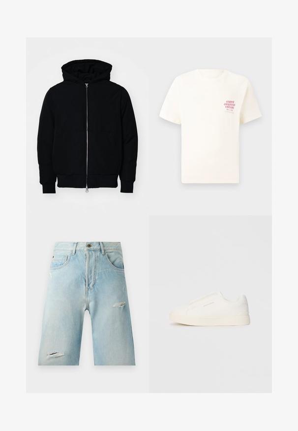 Mustaga kapuutsiga jakk, millel on esineed, kenguru tasku, soonikkoes, ja alläär, esitatud lihtsal valgel taustal.; Valge lühikeste varrukatega T-särk, millel on vasakul rinnal punane tekst "Studio Originals Edition", esitatud neutraalsel hallil taustal.; Heledsinine denim lühikesed püksid mugava lõikega, millel on kulumismärgised, küljetaskud ja üks pealne nööp.; Valged libisemiskindlad tossud tekstuuriga pinnaga, paksu tallaga ja minimalistikus disainis. Küljel on brändi logo.