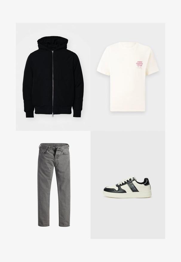 Jachetă neagră cu glugă, cu fermoar în față, buzunar tip kangaroo, mansete și tiv ribbed, prezentată pe un fundal alb simplu.; Tricou alb cu mânecă scurtă, având text roșu "Studio Originals Edition" pe partea stângă a pieptului, expus pe un fundal gri neutru.; Jeanși din denim gri, cu o croială dreaptă, închidere cu nasturi, cinci buzunare și un finisaj ușor decolorat. Talie standard cu bucle pentru curea.; Tenisi din piele cu un scheme de culori negru și crem, dotati cu accente perforate, guler căptușit și o talpă texturată.