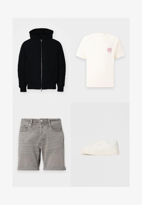 Black hooded jacket with front zipper, kangaroo pocket, ribbed cuffs, and hem, displayed on a plain white background.; White short-sleeve T-shirt with red text "Studio Originals Edition" on left chest, displayed on a neutral gray background.; Gray denim shorts with a classic five-pocket design, rolled hem, and metal button closure. Smooth texture with subtle fading.; White slip-on sneakers with a textured surface, a thick sole, and minimalistic design. Features brand logo on the side.