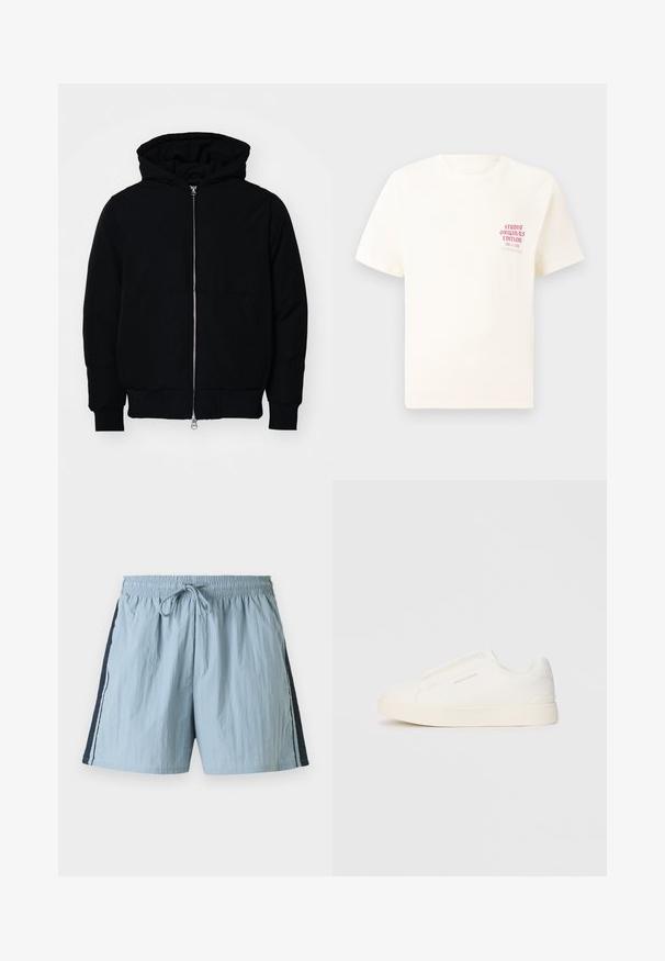 Svart hettejakke med frontglidelås, kengurulomme, ribbestrikket mansjetter og søm, vist på en ensfarget hvit bakgrunn.; Hvit T-skjorte med korte ermer og rød tekst "Studio Originals Edition" på venstre bryst, vist på en nøytral grå bakgrunn.; Lyseblå svømmebukser med elastisk midje og snøring. Har mørkeblå sidepaneler og hvit kant langs sidene. Lett materiale.; Hvite slip-on joggesko med teksturert overflate, tykk såle og minimalistisk design. Har merkevarelogo på siden.