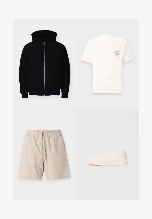 Black hooded jacket with front zipper, kangaroo pocket, ribbed cuffs, and hem, displayed on a plain white background.; White short-sleeve T-shirt with red text "Studio Originals Edition" on left chest, displayed on a neutral gray background.; Beige linen shorts with an elastic waistband, drawstring, side pockets, and a textured fabric. Casual design, knee-length cut.; White slip-on sneakers with a textured surface, a thick sole, and minimalistic design. Features brand logo on the side.