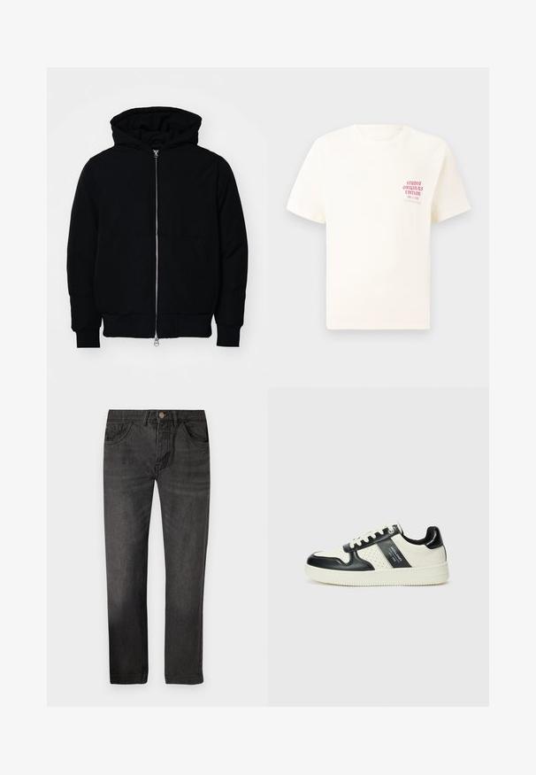 Juodas gobtuvėlis su priekiniu užtrauktuku, kengūros tipo kišene, lygiais rankogaliais ir apvadu, pateiktas ant vientiso balto fono.; Balta trumpa rankovėmis marškinėliai su raudonu užrašu "Studio Originals Edition" kairiajame krūtinės šone, rodomi neutralioje pilkoje aplinkoje.; Juodos džinsinio audinio kelnės su tiesiu kirpimu, penkiomis kišenėmis ir mygtukų užtrauktuku. Audinys turi glotnią tekstūrą su šviesiu nublukimo efektu.; Odiniai sportbačiai juodos ir kreminės spalvų schemoje, su perforuotais akcentais, paminkštinta apykakle ir tekstūruotu padu.