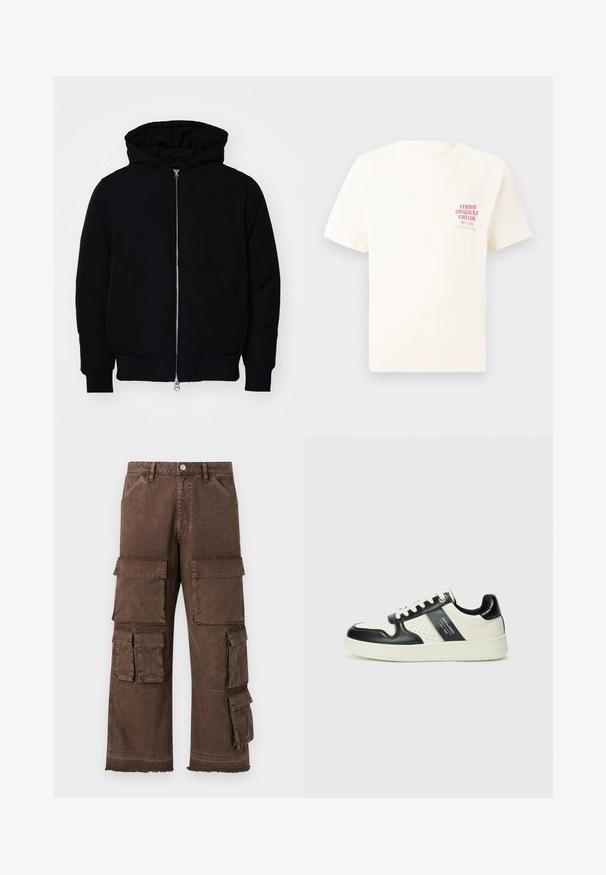 Juodas gobtuvėlis su priekiniu užtrauktuku, kengūros tipo kišene, lygiais rankogaliais ir apvadu, pateiktas ant vientiso balto fono.; Balta trumpa rankovėmis marškinėliai su raudonu užrašu "Studio Originals Edition" kairiajame krūtinės šone, rodomi neutralioje pilkoje aplinkoje.; Rudos cargo kelnės su laisvu siluetu, keliais šoninėmis kišenėmis ir nuskustais kraštais. Pagamintos iš tvirto, tekstūruoto audinio, užtikrinančio patvarumą.; Odiniai sportbačiai juodos ir kreminės spalvų schemoje, su perforuotais akcentais, paminkštinta apykakle ir tekstūruotu padu.