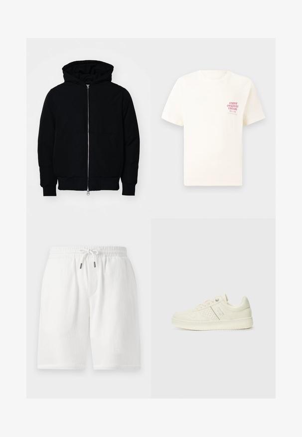 Black hooded jacket with front zipper, kangaroo pocket, ribbed cuffs, and hem, displayed on a plain white background.; White short-sleeve T-shirt with red text "Studio Originals Edition" on left chest, displayed on a neutral gray background.; White, textured shorts with an elastic waistband, drawstring closure, side pockets, and a relaxed fit. Suitable for casual wear.; Cream-colored sneaker with perforated detailing, laces, and logo on the side, displayed against a plain white background.