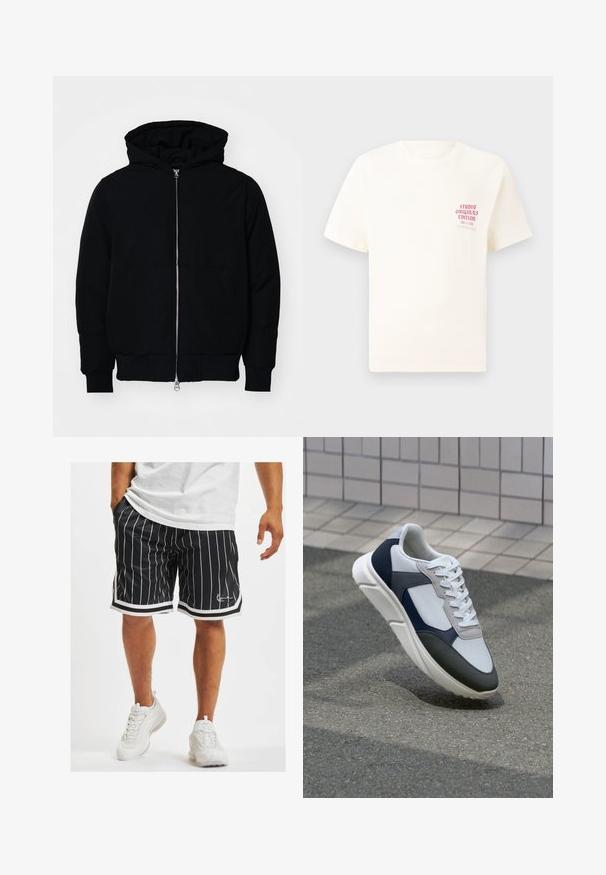 Crna kapuška jakna s prednjim zatvaračem, kenguru džepom, rebrastim manžetama i rubom, prikazana na običnoj bijeloj pozadini.; Bijela kratka majica s kratkim rukavima s crvenim natpisom "Studio Originals Edition" na lijevoj strani grudi, prikazana na neutralnoj sivoj pozadini.; Crne atletske kratke hlače s bijelim vertikalnim prugama, s strukom na vezanje i kontrastnim bijelim obrubom duž donjeg ruba i bočnih šavova.; Bijela, mornarsko plava i siva tenisica s dizajnom od miješanih materijala, koja ima teksturirani gornji dio, ravne vezice i udoban đon.