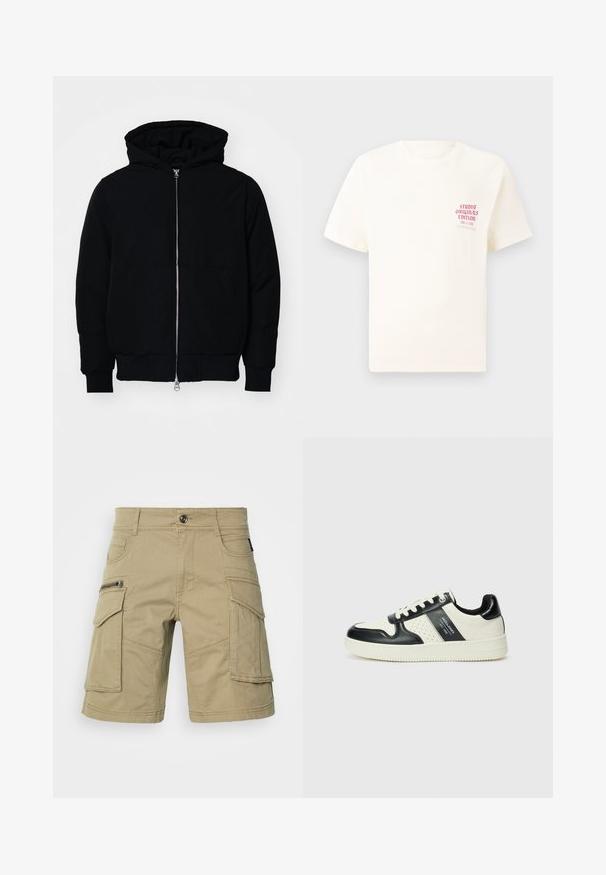 Zwarte hoodie met rits aan de voorkant, kangoeroe-pocket, geribbelde manchetten en zoom, weergegeven op een effen witte achtergrond.; Witte T-shirt met korte mouwen met rode tekst "Studio Originals Edition" op de linker borst, weergegeven op een neutrale grijze achtergrond.; Beige cargoshorts van stevig materiaal, met meerdere zakken, een ritszak aan de zijkant en doorgestikt detail. Standaard tailleband met een knoop.; Leren sneakers met een zwart en crèmekleurig kleurenschema, voorzien van geperforeerde accenten, een gevoerde kraag en een gestructureerde buitenzool.