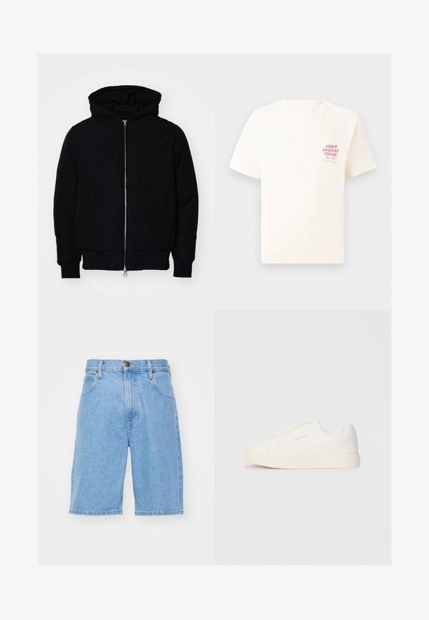 Chaqueta negra con capucha, cierre frontal, bolsillo tipo canguro, y puños y dobladillo acanalados, exhibida sobre un fondo blanco liso.; Camiseta blanca de manga corta con el texto rojo "Edición de Studio Originals" en el lado izquierdo del pecho, exhibida sobre un fondo gris neutro.; Lee ASHER - Shorts vaqueros - bleach wash; Zapatillas blancas tipo slip-on con una superficie texturizada, suela gruesa y diseño minimalista. Presenta el logo de la marca en un lado.