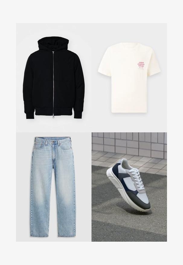 Chaqueta negra con capucha, cierre frontal, bolsillo tipo canguro, y puños y dobladillo acanalados, exhibida sobre un fondo blanco liso.; Camiseta blanca de manga corta con el texto rojo "Edición de Studio Originals" en el lado izquierdo del pecho, exhibida sobre un fondo gris neutro.; Jeans rectos de color azul claro con cinco bolsillos, cierre de botón de metal y detalles deslavados en los muslos y las rodillas, dispuestos sobre un fondo blanco.; Zapatilla blanca, azul marino y gris con un diseño de materiales mixtos, que presenta una parte superior texturizada, cordones planos y una suela acolchada.