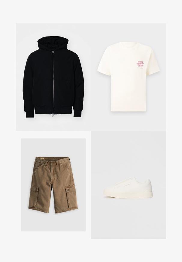 Black hooded jacket with front zipper, kangaroo pocket, ribbed cuffs, and hem, displayed on a plain white background.; White short-sleeve T-shirt with red text "Studio Originals Edition" on left chest, displayed on a neutral gray background.; Brown cargo shorts made of cotton, featuring two side pockets with flaps, a buttoned waistband, and a relaxed fit. Smooth texture.; White slip-on sneakers with a textured surface, a thick sole, and minimalistic design. Features brand logo on the side.