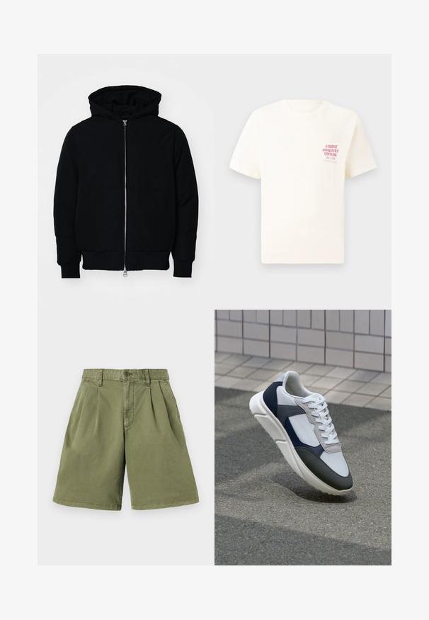 Black hooded jacket with front zipper, kangaroo pocket, ribbed cuffs, and hem, displayed on a plain white background.; White short-sleeve T-shirt with red text "Studio Originals Edition" on left chest, displayed on a neutral gray background.; Khaki shorts with front pleats, made of cotton blend fabric. Features belt loops and button closure, with straight leg cut and clean hem.; White, navy, and gray sneaker with a mixed material design, featuring a textured upper, flat laces, and a cushioned sole.