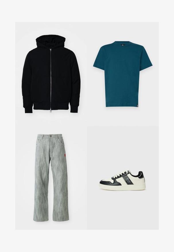 Chaqueta negra con capucha, cierre frontal, bolsillo tipo canguro, y puños y dobladillo acanalados, exhibida sobre un fondo blanco liso.; Camiseta de algodón en azul petróleo con cuello redondo y mangas cortas. Presenta un corte recto y una pequeña etiqueta de marca en el lateral. Textura suave.; Pantalones de mezclilla de pierna recta en gris claro con bolsillos delanteros y traseros, cierre de botón y una pequeña etiqueta de tela roja en el lado derecho.; Zapatillas de cuero con un esquema de colores negro y crema, que cuentan con acentos perforados, un collar acolchado y una suela texturizada.