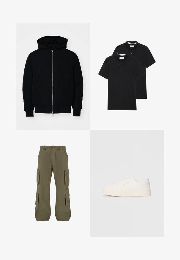 Mustaga kapuutsiga jakk, millel on esineed, kenguru tasku, soonikkoes, ja alläär, esitatud lihtsal valgel taustal.; Kaks musta polo särki, lühikeste varrukatega, puuvillane materjal, klassikalise kraega, kahe nupuga kinnitusega, valgete triipudega krae sisepinnal.; Olive rohelised cargo püksid. Valmistatud puuvillast, sisaldavad mitmeid küljetaskuid, sirget lõiget ning nähtavaid õmblusdetailide.; Valged libisemiskindlad tossud tekstuuriga pinnaga, paksu tallaga ja minimalistikus disainis. Küljel on brändi logo.