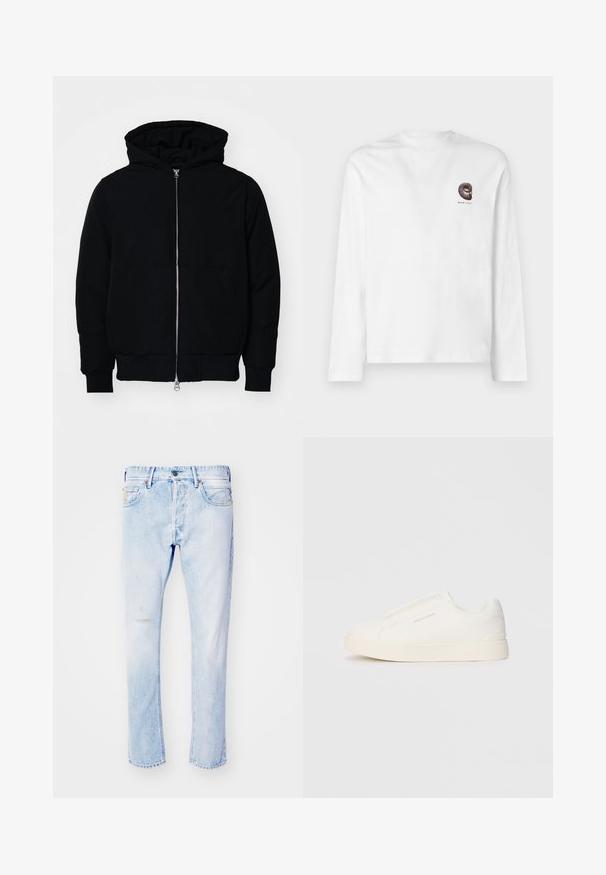 Black hooded jacket with front zipper, kangaroo pocket, ribbed cuffs, and hem, displayed on a plain white background.; White long-sleeve t-shirt made of cotton. Features a small, dark brown graphic design on the chest. Classic crew neckline and straight fit.; Light blue denim jeans with a straight fit, featuring distressed detailing on the front, five pockets, and a standard zip fly closure.; White slip-on sneakers with a textured surface, a thick sole, and minimalistic design. Features brand logo on the side.