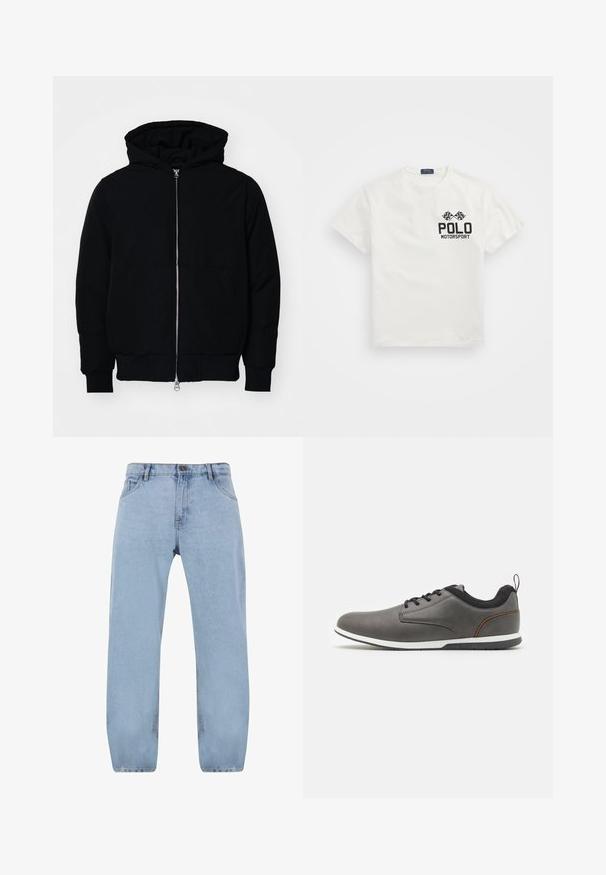 Juodas gobtuvėlis su priekiniu užtrauktuku, kengūros tipo kišene, lygiais rankogaliais ir apvadu, pateiktas ant vientiso balto fono.; Balta medvilninė marškinė su apvaliu kaklu, su juodu "Polo Motorsport" logotipu ir kirtusiomis šachmatų vėliavomis kairėje krūtinės pusėje.; Šviesiai mėlyni džinsai su tiesia kojų linija, turintys keturis kišenes, užtrauktuką ir auksinius siūlų akcentus.; Pilki odiniai batai su juodais akcentais, suapvalintu pirštu, su raišteliais, balta padu ir mažu kilpeliu kulne.