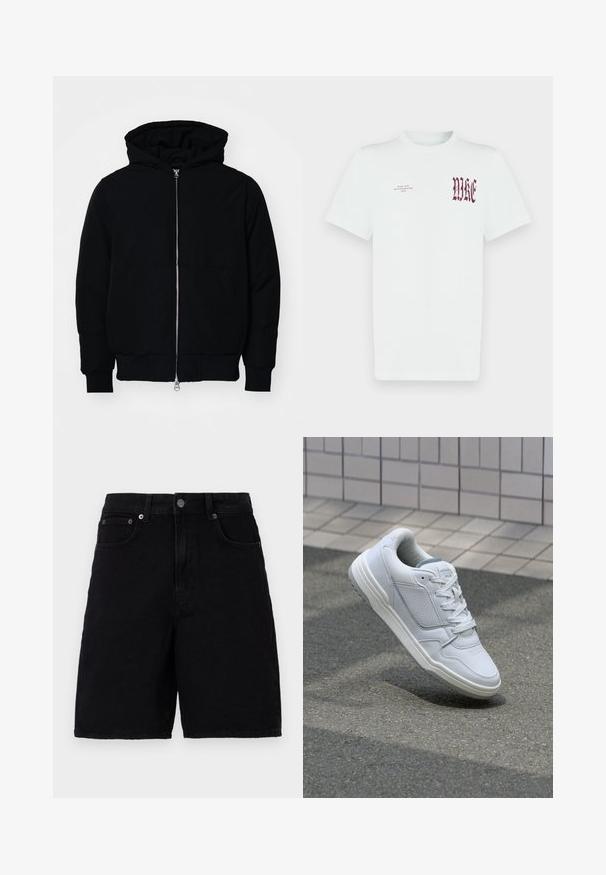 Zwarte hoodie met rits aan de voorkant, kangoeroe-pocket, geribbelde manchetten en zoom, weergegeven op een effen witte achtergrond.; Wit katoenen T-shirt met rode "NIKE"-opdruk en tekst op de linkerborst. Korte mouwen en een ronde hals, gladde textuur.; Zwarte denim shorts met een klassiek vijf-pocket ontwerp, voorzien van een knoopsluiting en een rechte pijp. De stof heeft een gladde textuur.; Witte lederen sneaker met geperforeerde zijkanten, gestructureerde accenten, platte veters en een contrasterende grijze hiel. Voorzien van een iets verhoogde zool.