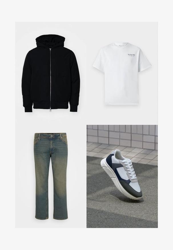 Giacca nera con cappuccio, dotata di zip frontale, tasca a marsupio, polsini e orlo a coste, esposta su uno sfondo bianco semplice.; Maglietta bianca in cotone con maniche corte, scollatura rotonda, che presenta un piccolo logo testuale nero "J&J since 1990 Society Club" sul petto.; Jeans in denim di un blu sbiadito, con una vestibilità a gamba dritta, chiusura con bottone in ottone, cinque tasche e dettagli di sbiaditura leggera.; Sneaker bianca, blu navy e grigia con un design a materiali misti, caratterizzata da una tomaia testurizzata, lacci piatti e una suola imbottita.