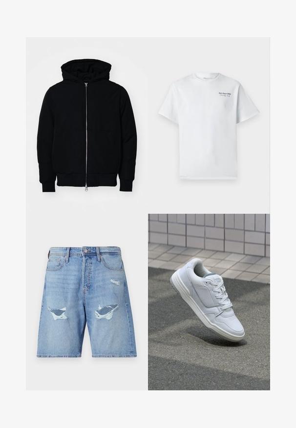 Mustaga kapuutsiga jakk, millel on esineed, kenguru tasku, soonikkoes, ja alläär, esitatud lihtsal valgel taustal.; Valge puuvillane T-särk lühikeste varrukatega, ümmarguse kaelusega, millel on rindkeres väike must tekstilogo "J&J since 1990 Society Club".; Heledad sinised teksapüksid, millel on mugav lõige, kaks suuremat kulumiskohta ja peened kulumisjäljed kangal.; Valge nahkne toss, millel on perforeeritud külgedega, tekstuuriga aktsendid, lame pael ja kontrastne hall konts. Omab veidi tõstetud tallat.