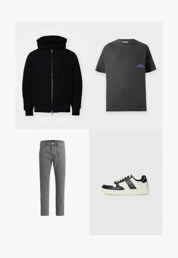 Black hooded jacket with front zipper, kangaroo pocket, ribbed cuffs, and hem, displayed on a plain white background.; Dark gray cotton t-shirt with a round neckline. Features a small purple print on the left chest reading "REPLAY." Short, straight sleeves.; Gray denim jeans with a straight cut, five-pocket design, and metal button closure. Fabric has a soft, textured finish.; Leather sneakers with a black and cream color scheme, featuring perforated accents, a padded collar, and a textured outsole.