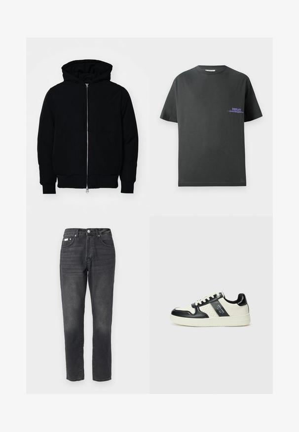 Black hooded jacket with front zipper, kangaroo pocket, ribbed cuffs, and hem, displayed on a plain white background.; Dark gray cotton t-shirt with a round neckline. Features a small purple print on the left chest reading "REPLAY." Short, straight sleeves.; Black denim jeans with a straight leg design, five-pocket styling, and subtle fading. Completed with a button and zipper closure.; Leather sneakers with a black and cream color scheme, featuring perforated accents, a padded collar, and a textured outsole.