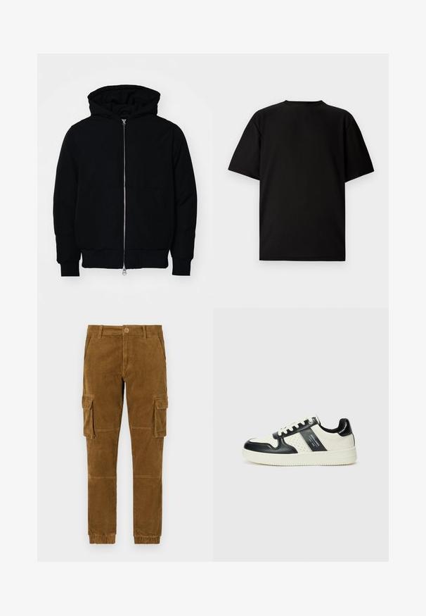 Black hooded jacket with front zipper, kangaroo pocket, ribbed cuffs, and hem, displayed on a plain white background.; Black short-sleeve T-shirt made from ribbed fabric. Features a round neckline and a relaxed fit with a smooth texture. Back view only.; Brown corduroy cargo pants with a tapered fit, featuring side pockets, a button closure, and elastic cuffs at the ankles.; Leather sneakers with a black and cream color scheme, featuring perforated accents, a padded collar, and a textured outsole.