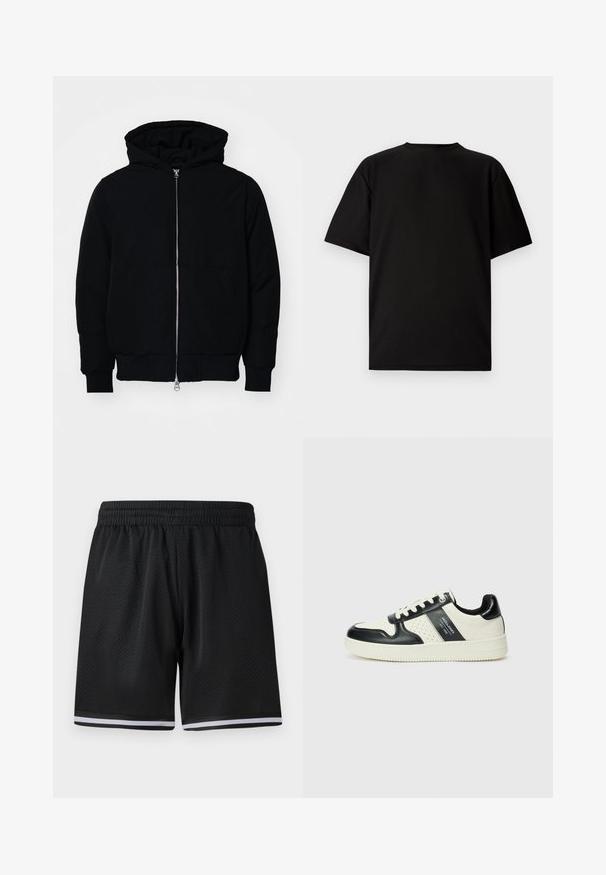 Black hooded jacket with front zipper, kangaroo pocket, ribbed cuffs, and hem, displayed on a plain white background.; Black short-sleeve T-shirt made from ribbed fabric. Features a round neckline and a relaxed fit with a smooth texture. Back view only.; Black mesh athletic shorts with an elastic waistband, featuring white stripes along the hem for added detail. Lightweight and breathable material.; Leather sneakers with a black and cream color scheme, featuring perforated accents, a padded collar, and a textured outsole.