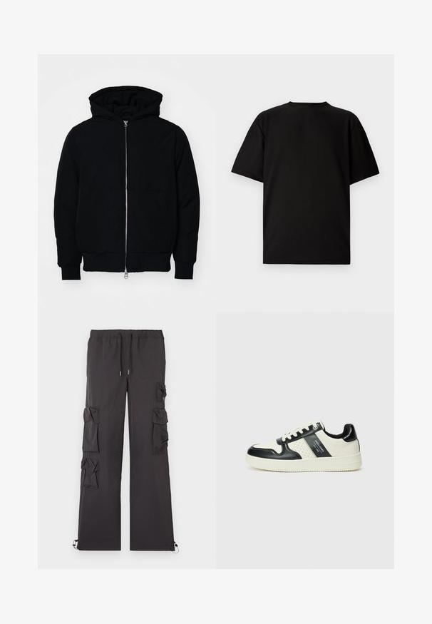 Černá kapucňová bunda s předním zipem, klokaní kapsou, vroubkovanými manžetami a spodním lemem, vystavená na čistém bílém pozadí.; Černé tričko s krátkým rukávem vyrobené z žebrované tkaniny. Má kulatý výstřih a volný střih s hladkým povrchem. Pohled zádní strany.; Černé cargo kalhoty s páskem na šňůrku, vybavené mnoha kapsami po stranách a elastickými manžetami na kotnících. Lehce materiál.; Kožené tenisky s černobílou barevnou kombinací, které mají perforované detaily, polstrovaný límec a texturovanou podrážku.