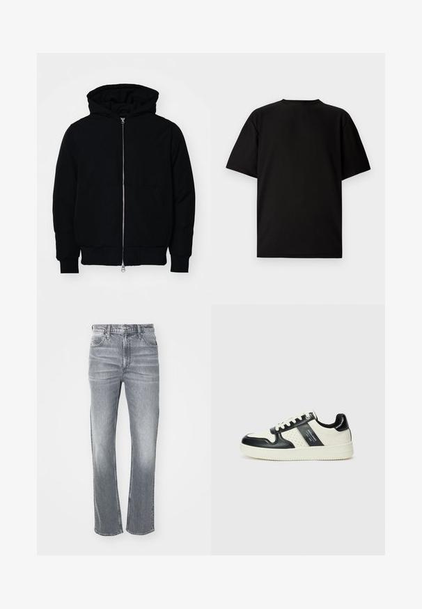 Chaqueta negra con capucha, cierre frontal, bolsillo tipo canguro, y puños y dobladillo acanalados, exhibida sobre un fondo blanco liso.; Camiseta negra de manga corta hecha de tela acanalada. Presenta un cuello redondo y un corte relajado con una textura suave. Vista trasera únicamente.; Vaqueros de mezclilla gris con un corte de pierna recta, que presentan un diseño clásico de cinco bolsillos, pasadores para cinturón y un ligero desgaste para aportar textura.; Zapatillas de cuero con un esquema de colores negro y crema, que cuentan con acentos perforados, un collar acolchado y una suela texturizada.